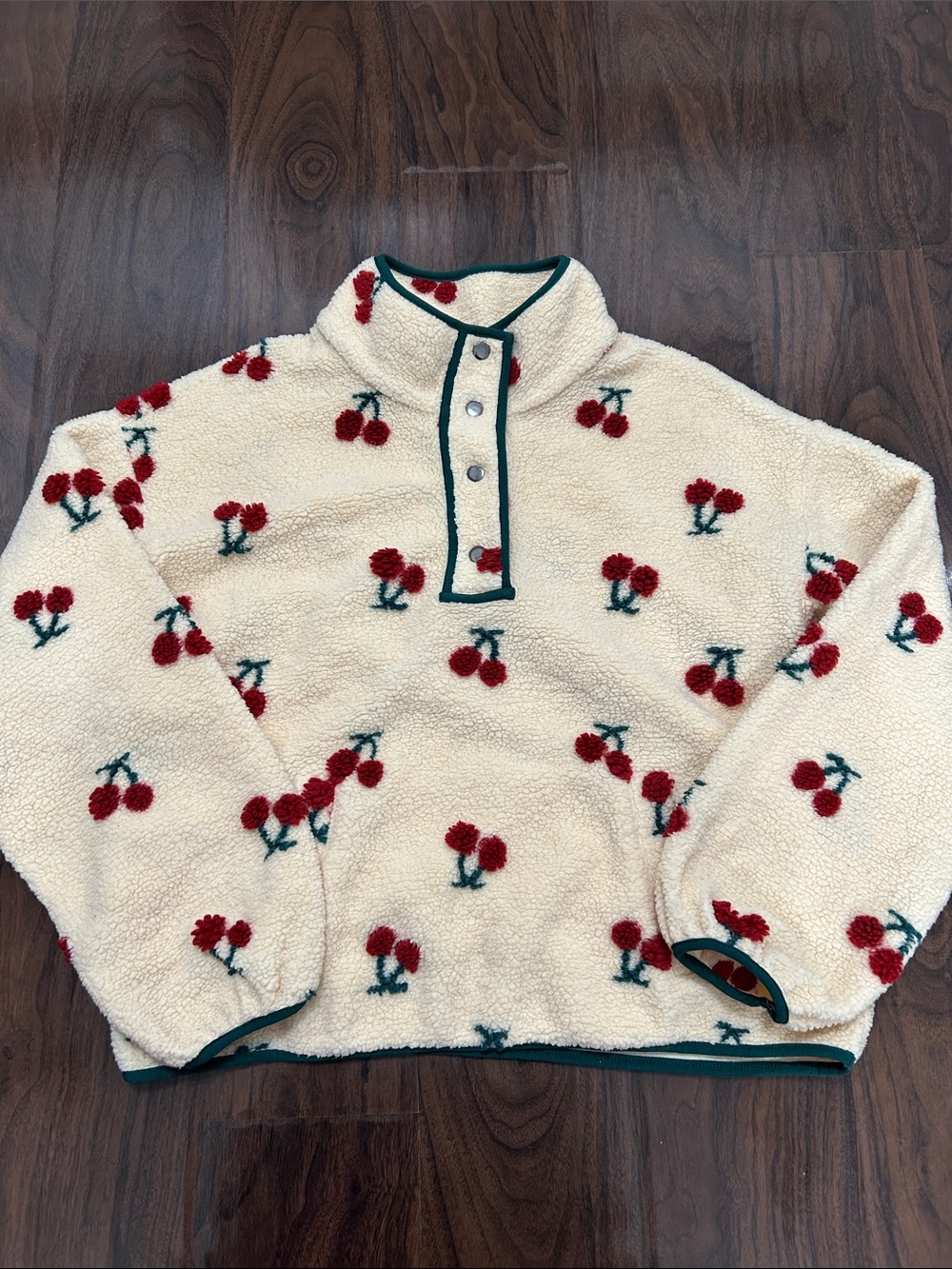 New In Cherry Patterned Cream Fleece Quarter Snap Pullover Sweatshirt Sweater